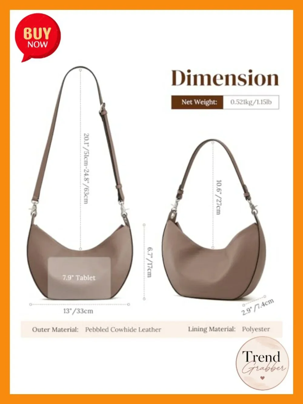 Leather Hobo Crescent Shoulder Bag Crossbody 2 Straps Multi Pockets Fits Tablet